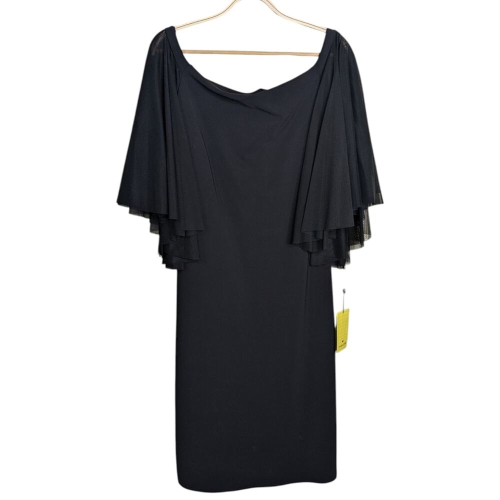 NEW Chiara Boni Bateau Neckline Midi Dress 12 Black Sheer Cape Flutter Sleeves